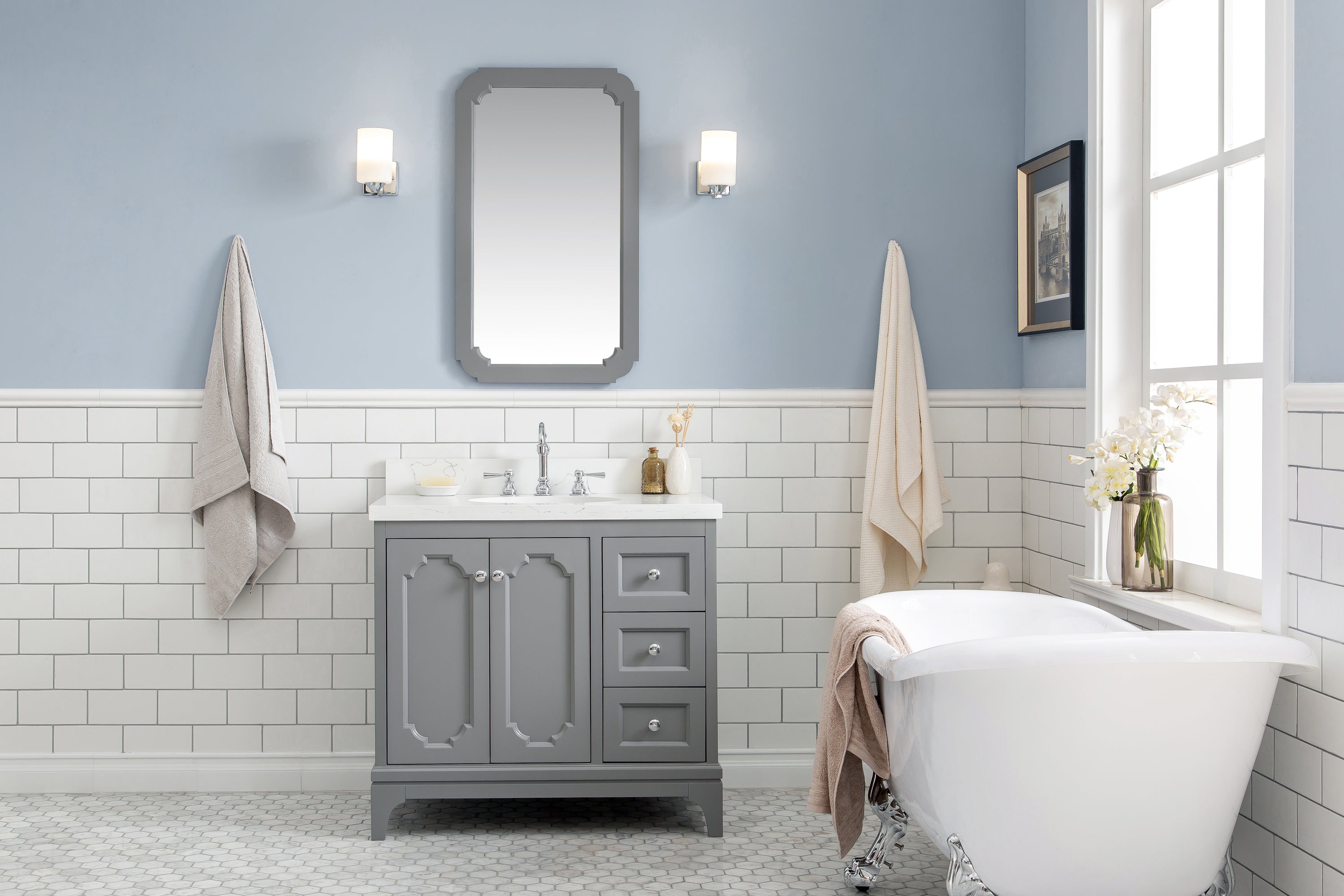Water Creation | Queen 36-Inch Single Sink Quartz Carrara Vanity In Cashmere Grey With Matching Mirror(s) and F2-0012-01-TL Lavatory Faucet(s) | QU36QZ01CG-Q21TL1201