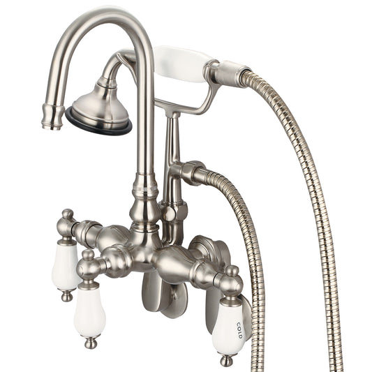 Water Creation | Vintage Classic Adjustable Spread Wall Mount Tub Faucet With Gooseneck Spout, Swivel Wall Connector & Handheld Shower in Brushed Nickel Finish With Porcelain Lever Handles, Hot And Cold Labels Included | F6-0011-02-CL