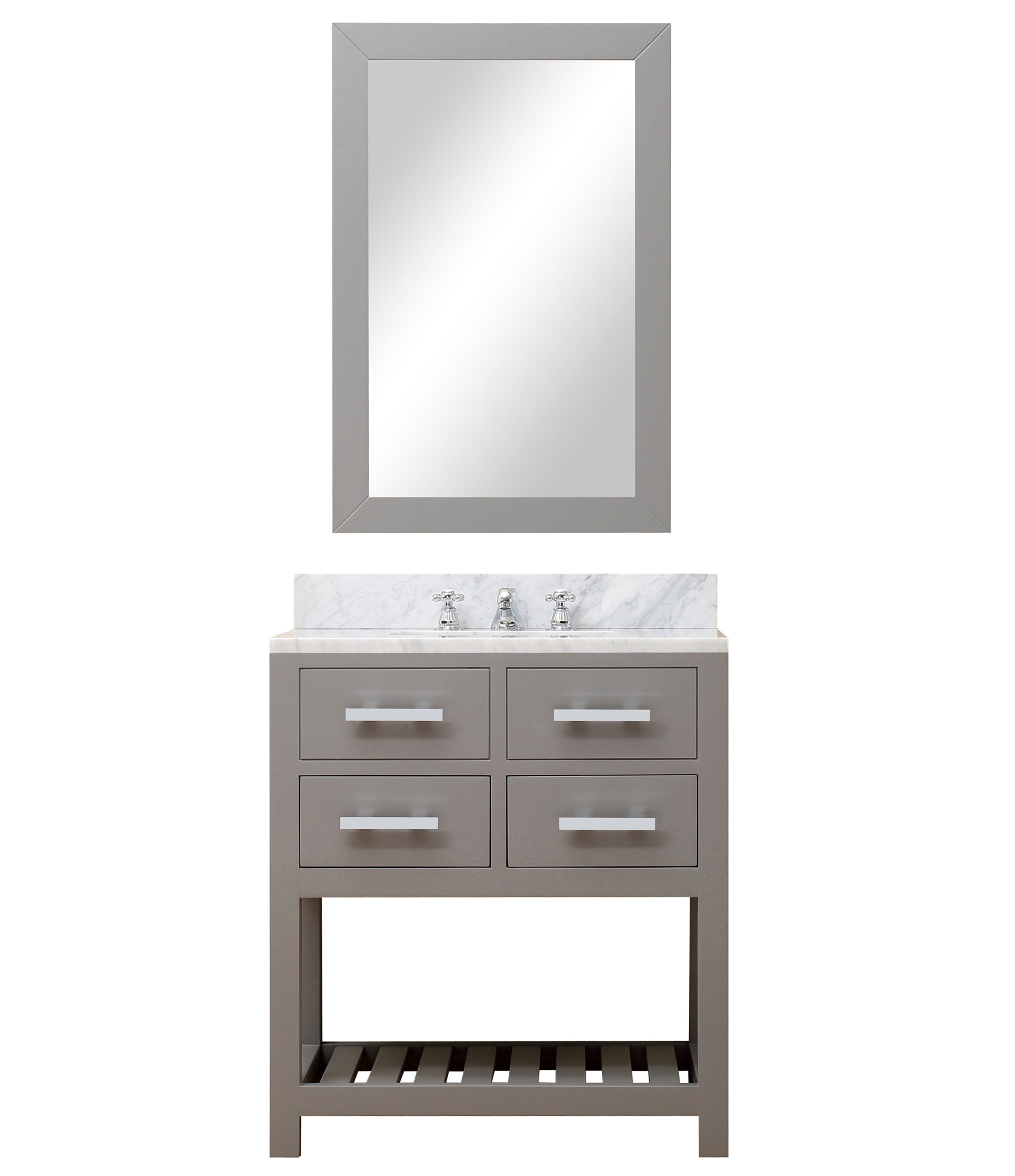 Water Creation | 30 Inch Cashmere Grey Single Sink Bathroom Vanity With Matching Framed Mirror And Faucet From The Madalyn Collection | MA30CW01CG-R24BX0901