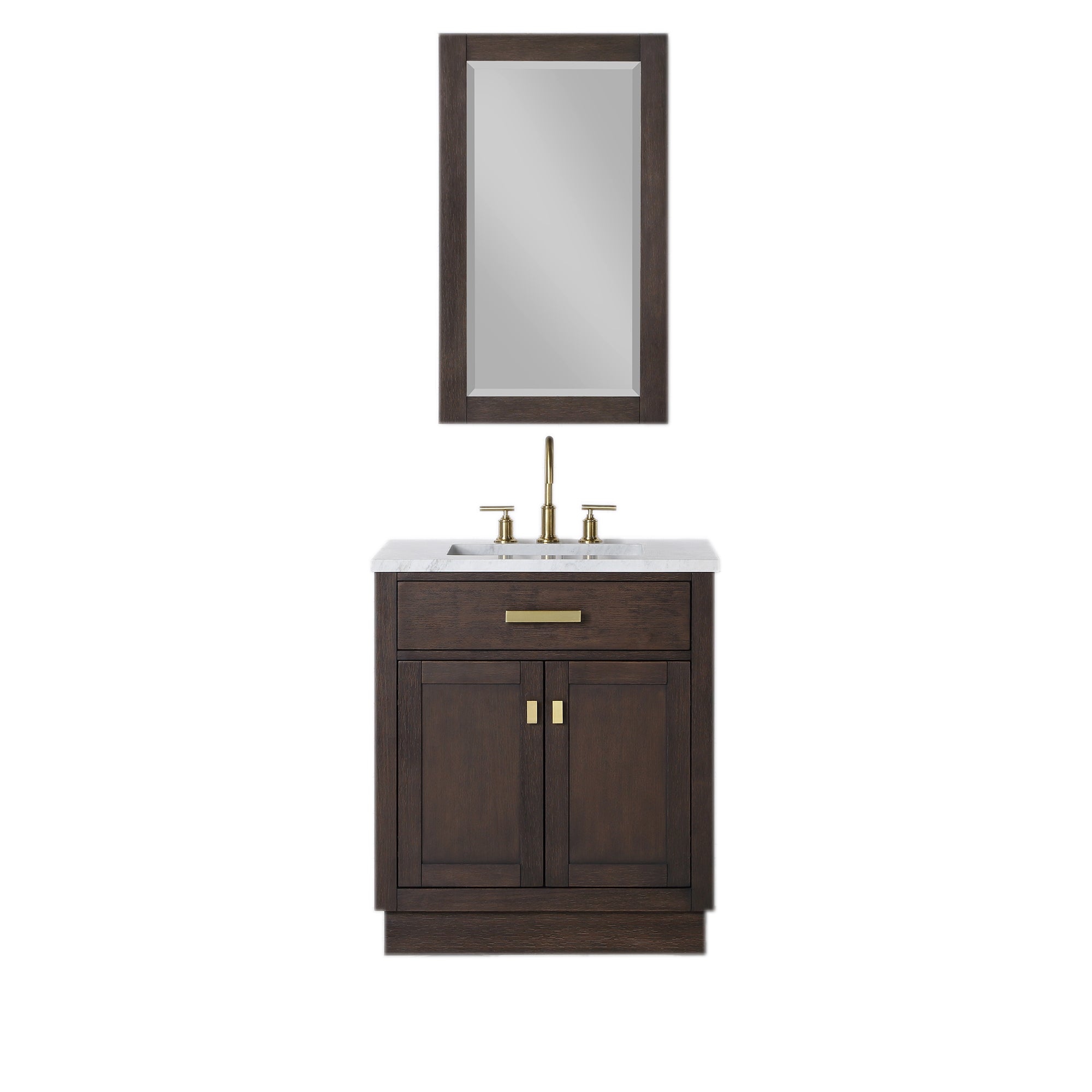 Water Creation | Chestnut 30 In. Single Sink Carrara White Marble Countertop Vanity In Brown Oak with Grooseneck Faucet and Mirror | CH30CW06BK-R21BL1406