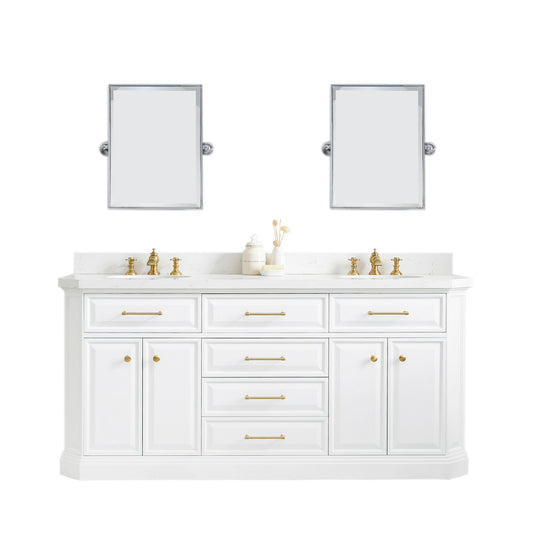 Water Creation | 72" Palace Collection Quartz Carrara Pure White Bathroom Vanity Set With Hardware And F2-0013 Faucets in Satin Gold Finish And Only Mirrors in Chrome Finish | PA72QZ06PW-E18FX1306