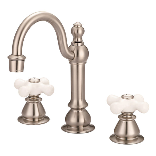 Water Creation | American 20th Century Classic Widespread Lavatory F2-0012 Faucets With Pop-Up Drain in Brushed Nickel Finish With Porcelain Cross Handles, Hot And Cold Labels Included | F2-0012-02-PX