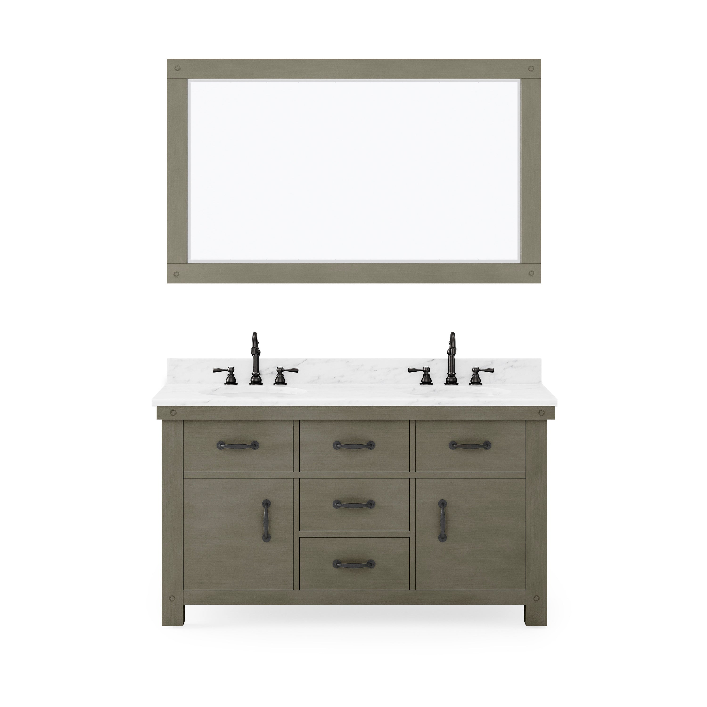 Water Creation | 60 Inch Grizzle Grey Double Sink Bathroom Vanity With Mirror And Faucets With Carrara White Marble Counter Top From The ABERDEEN Collection | AB60CW03GG-A60BX1203