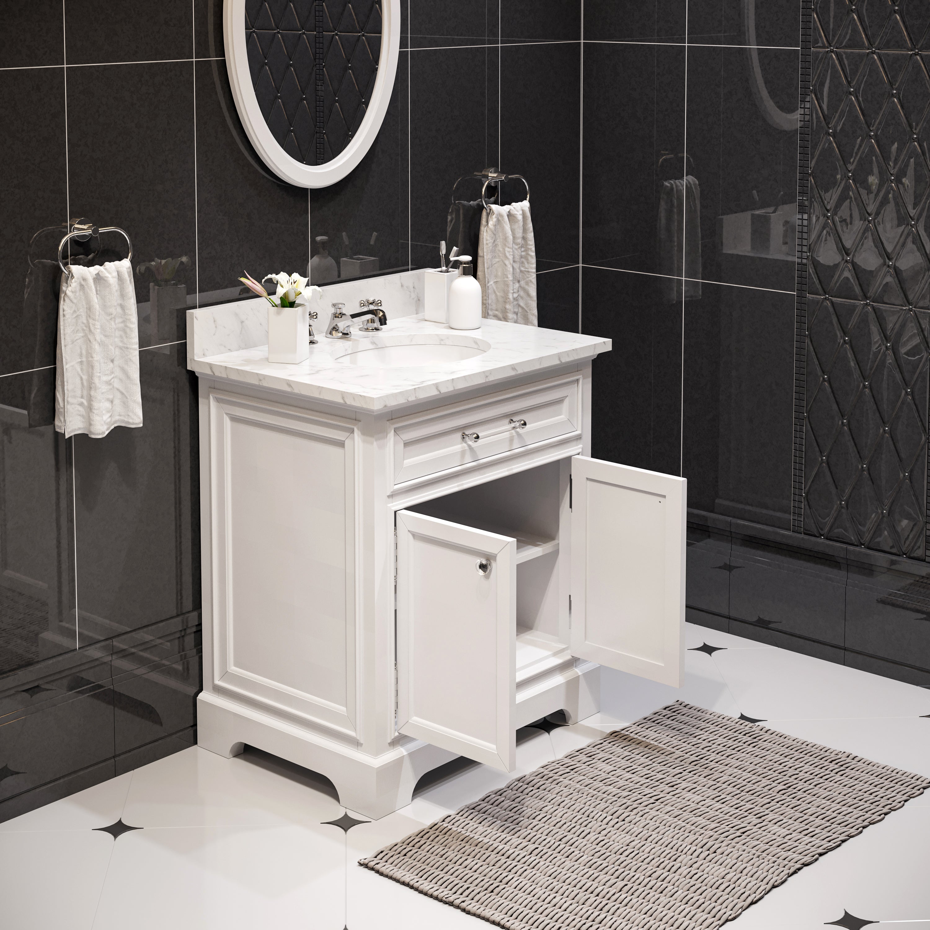 Water Creation | 30 Inch Pure White Single Sink Bathroom Vanity With Matching Framed Mirror From The Derby Collection | DE30CW01PW-O24000000