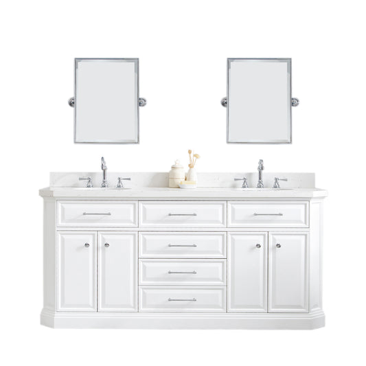 Water Creation | 72" Palace Collection Quartz Carrara Pure White Bathroom Vanity Set With Hardware And F2-0012 Faucets, Mirror in Chrome Finish | PA72QZ01PW-E18TL1201