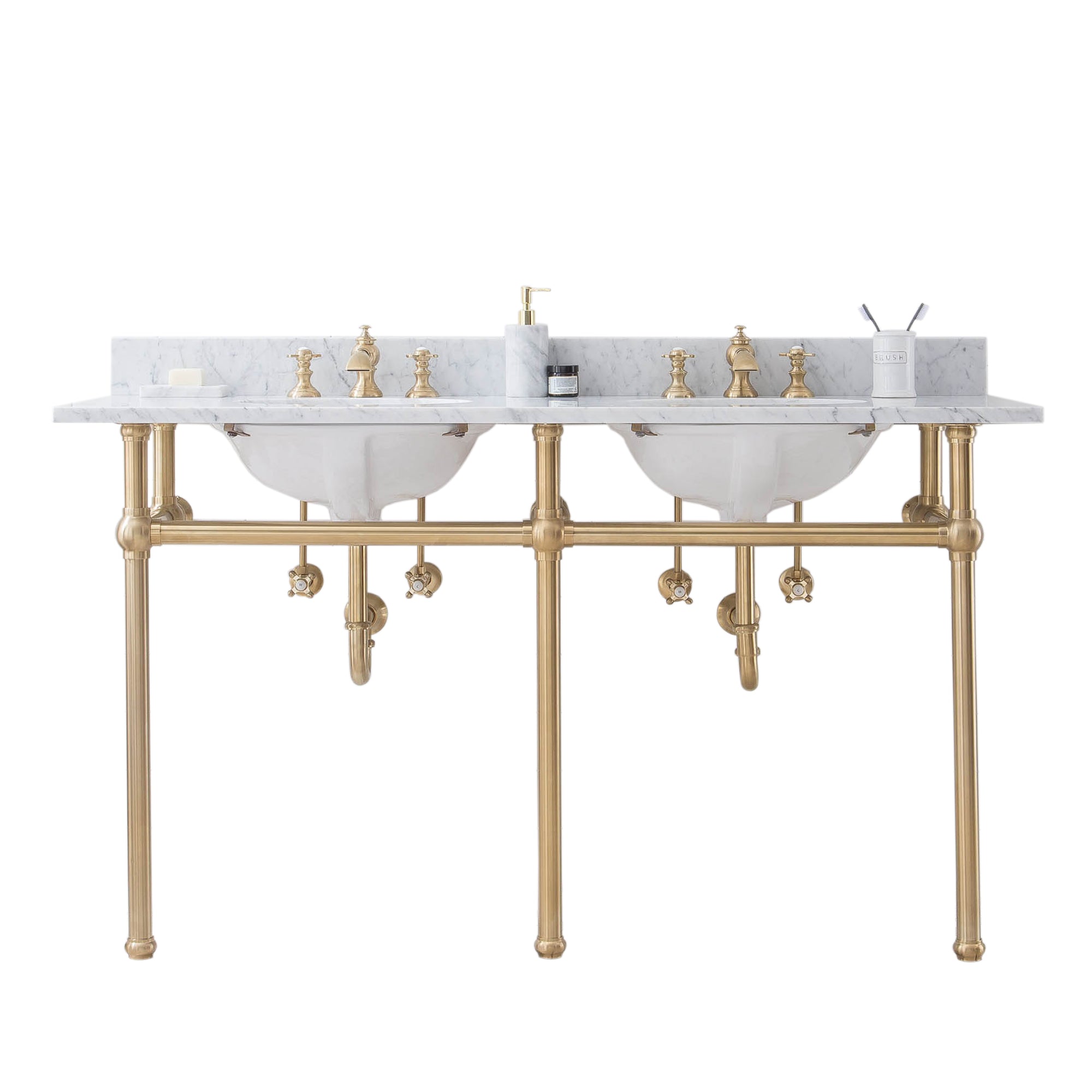 Water Creation | Embassy 60 Inch Wide Double Wash Stand, P-Trap, Counter Top with Basin, and F2-0013 Faucet included in Satin Gold Finish | EB60D-0613