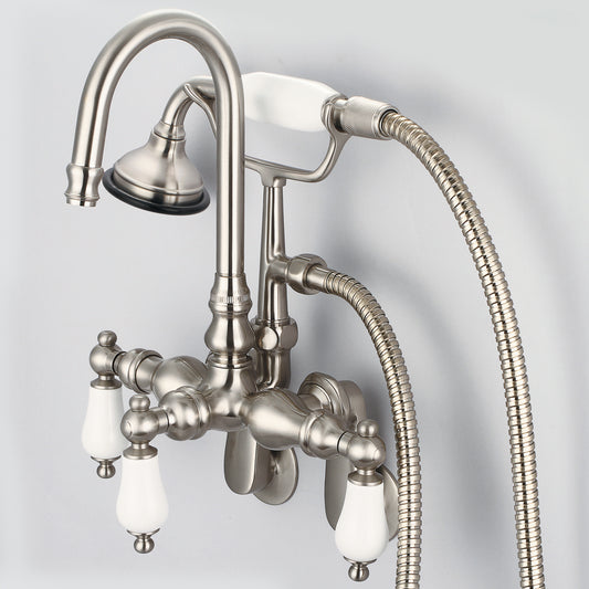 Water Creation | Vintage Classic Adjustable Spread Wall Mount Tub Faucet With Gooseneck Spout, Swivel Wall Connector & Handheld Shower in Brushed Nickel Finish With Porcelain Lever Handles Without labels | F6-0011-02-PL