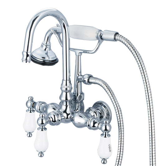 Water Creation | Vintage Classic 3.375 Inch Center Wall Mount Tub Faucet With Gooseneck Spout, Straight Wall Connector & Handheld Shower in Chrome Finish With Porcelain Lever Handles, Hot And Cold Labels Included | F6-0012-01-CL