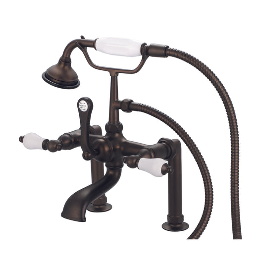 Water Creation | Vintage Classic 7 Inch Spread Deck Mount Tub Faucet With 6 Inch Risers & Handheld Shower in Oil-rubbed Bronze Finish Finish With Porcelain Lever Handles Without labels | F6-0006-03-PL