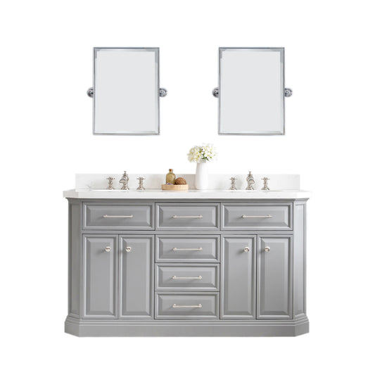 Water Creation | 60" Palace Collection Quartz Carrara Cashmere Grey Bathroom Vanity Set With Hardware And F2-0013 Faucets, Mirror in Polished Nickel (PVD) Finish | PA60QZ05CG-E18FX1305