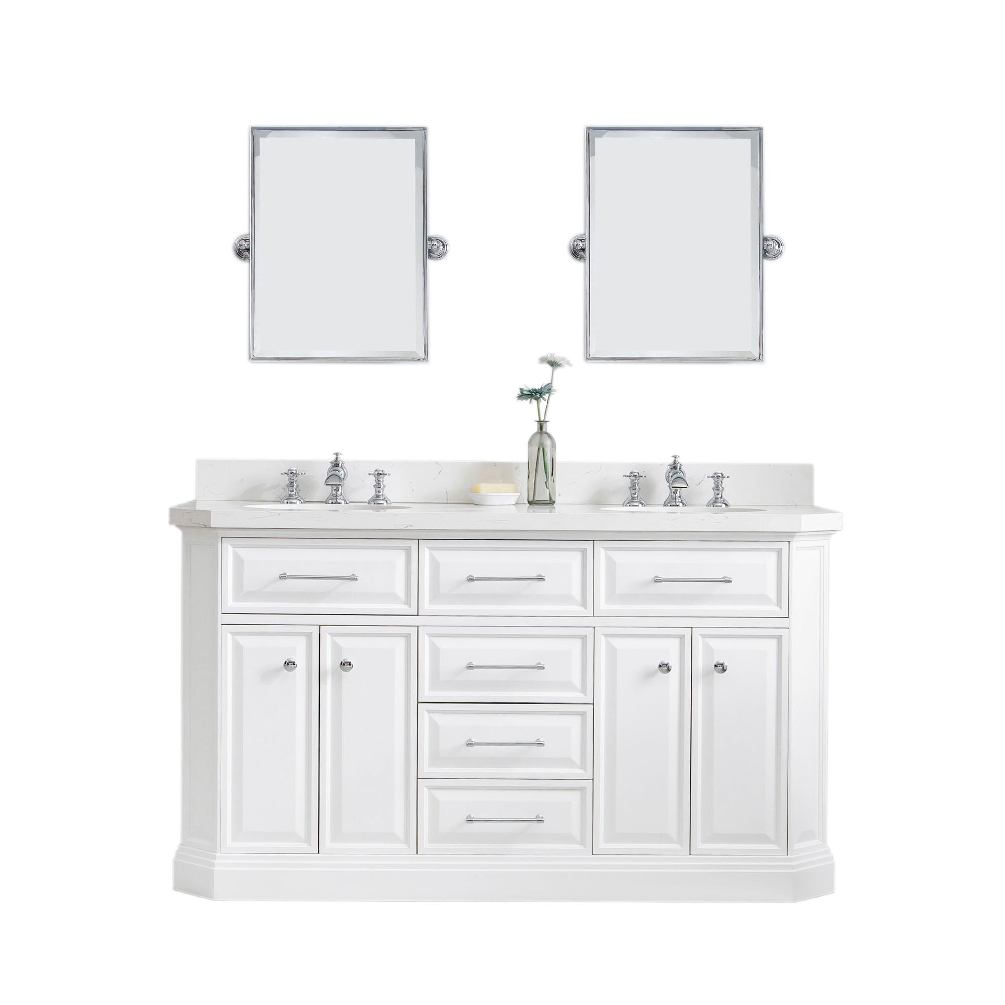 Water Creation | 60" Palace Collection Quartz Carrara Pure White Bathroom Vanity Set With Hardware And F2-0013 Faucets, Mirror in Chrome Finish | PA60QZ01PW-E18FX1301