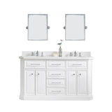 Water Creation | 60" Palace Collection Quartz Carrara Pure White Bathroom Vanity Set With Hardware And F2-0013 Faucets, Mirror in Chrome Finish | PA60QZ01PW-E18FX1301