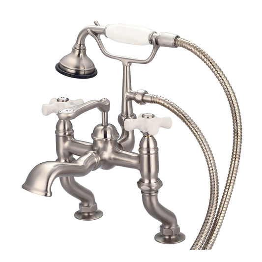 Water Creation | Vintage Classic Adjustable Center Deck Mount Tub Faucet With Handheld Shower in Brushed Nickel Finish With Porcelain Cross Handles, Hot And Cold Labels Included | F6-0004-02-PX