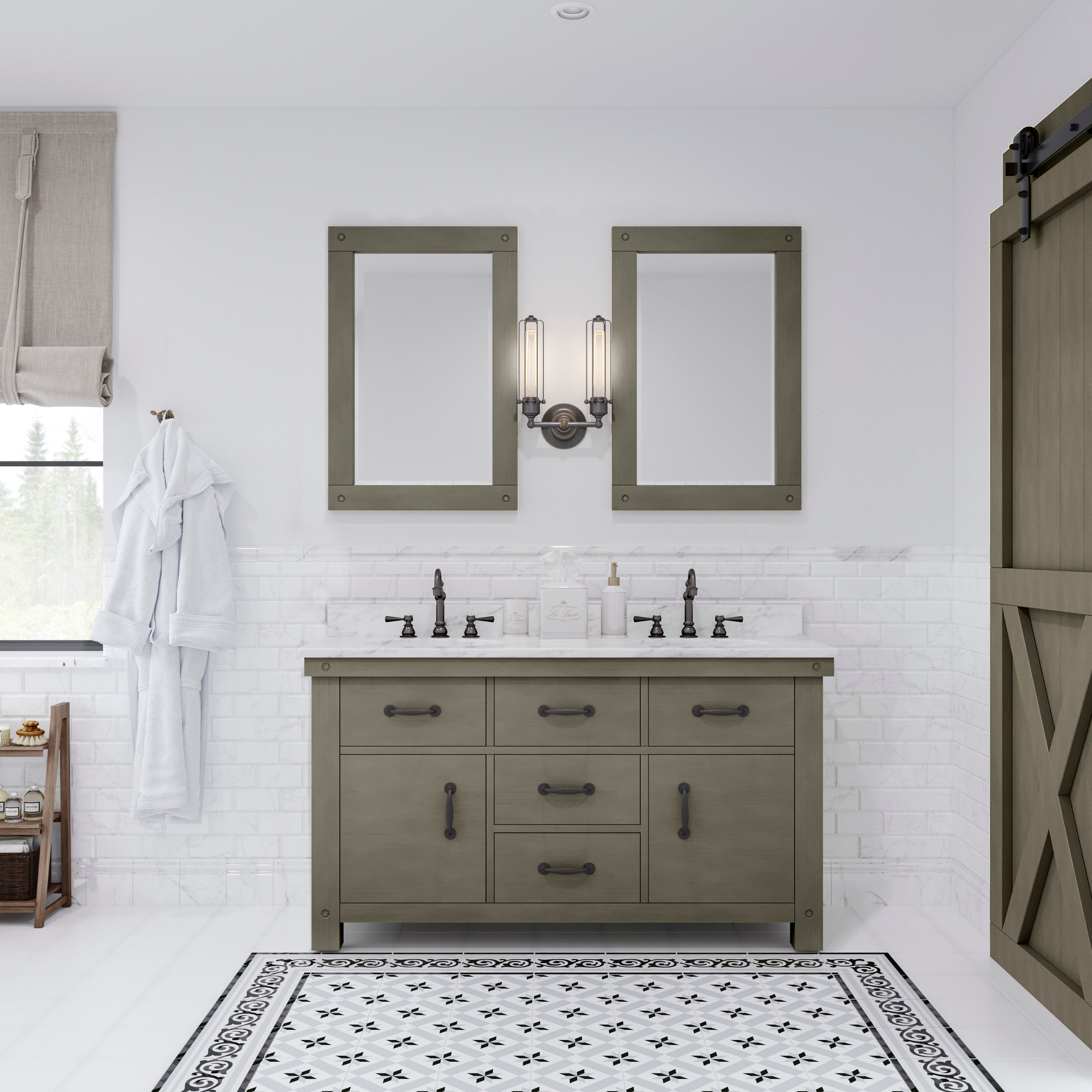 Water Creation | 60 Inch Grizzle Grey Double Sink Bathroom Vanity With Faucets With Carrara White Marble Counter Top From The ABERDEEN Collection | AB60CW03GG-000BX1203