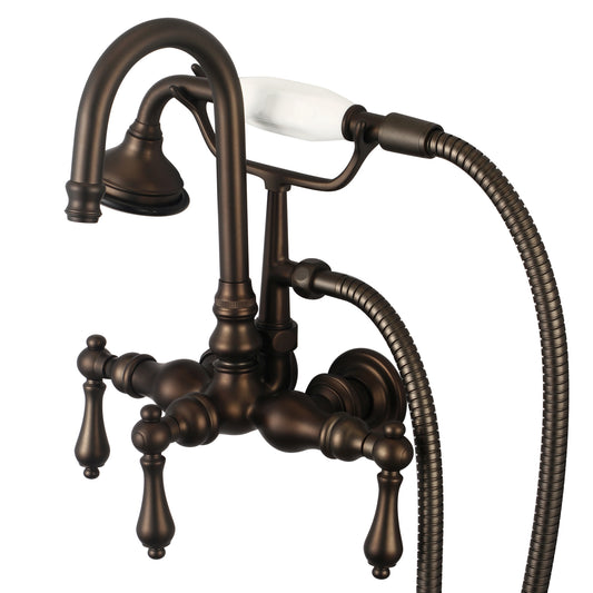 Water Creation | Vintage Classic 3.375 Inch Center Wall Mount Tub Faucet With Gooseneck Spout, Straight Wall Connector & Handheld Shower in Oil-rubbed Bronze Finish Finish With Metal Lever Handles Without Labels | F6-0012-03-AL