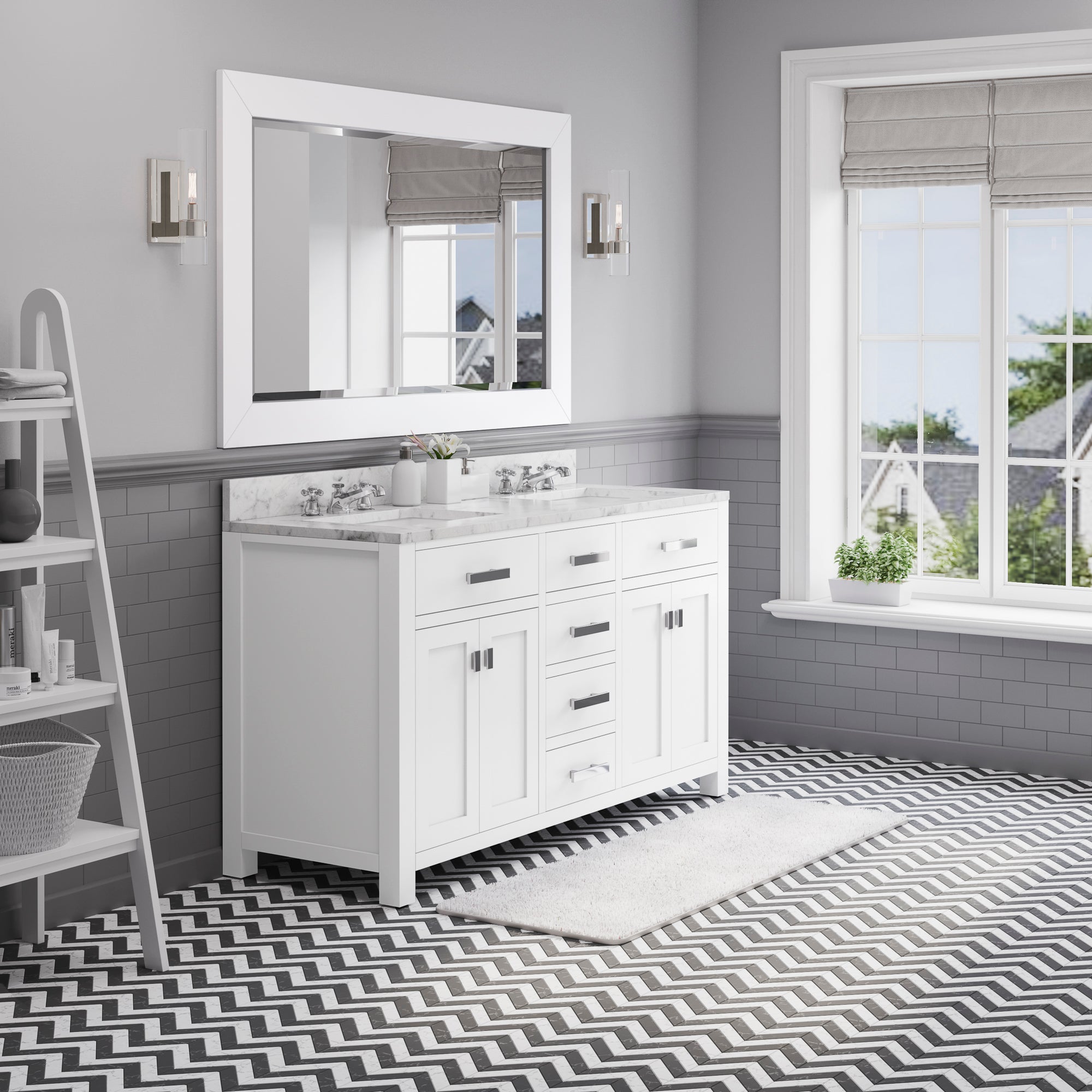 Water Creation | 60 Inch Pure White Double Sink Bathroom Vanity With Matching Framed Mirror And Faucet From The Madison Collection | MS60CW01PW-R60BX0901