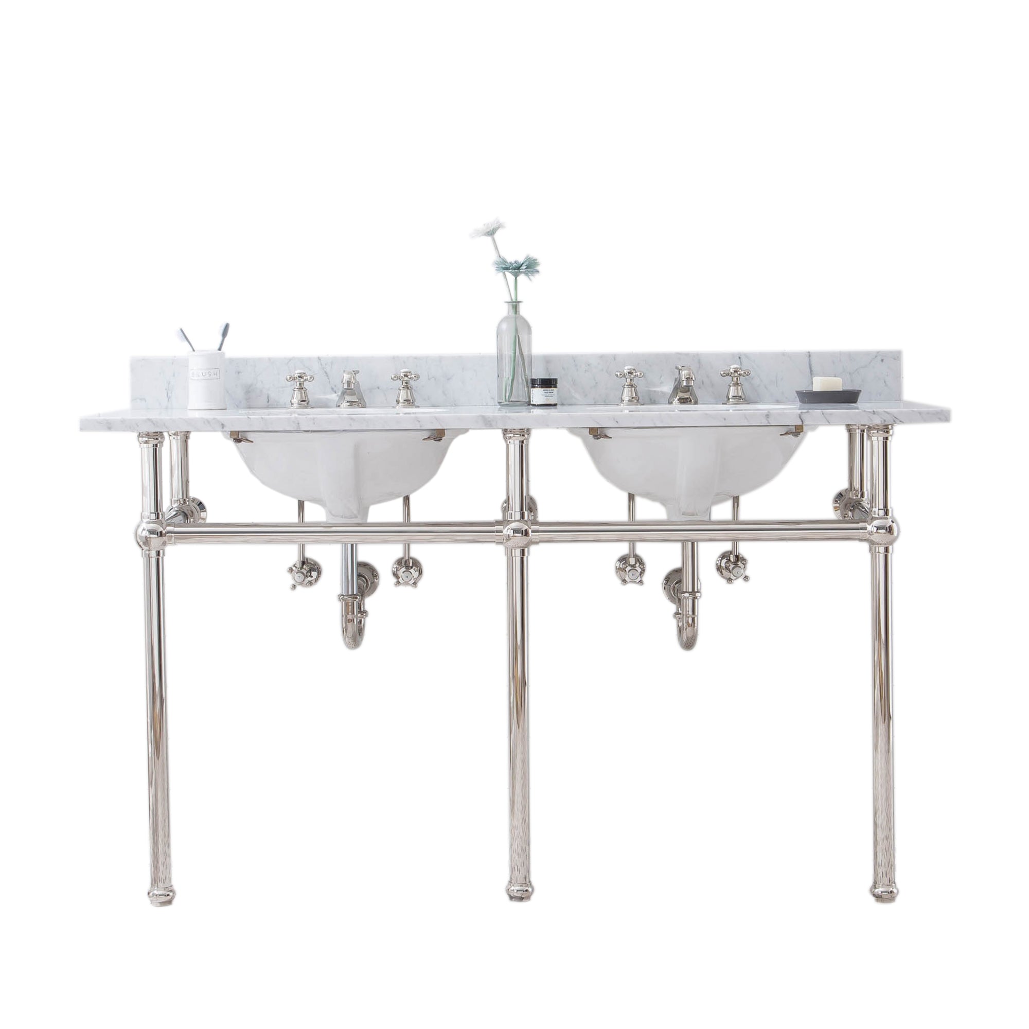 Water Creation | Embassy 60 Inch Wide Double Wash Stand, P-Trap, and Counter Top with Basin included in Polished Nickel (PVD) Finish | EB60C-0500