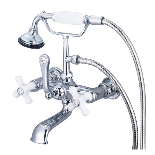 Water Creation | Vintage Classic 7 Inch Spread Wall Mount Tub Faucet With Straight Wall Connector & Handheld Shower in Chrome Finish With Porcelain Cross Handles, Hot And Cold Labels Included | F6-0010-01-PX