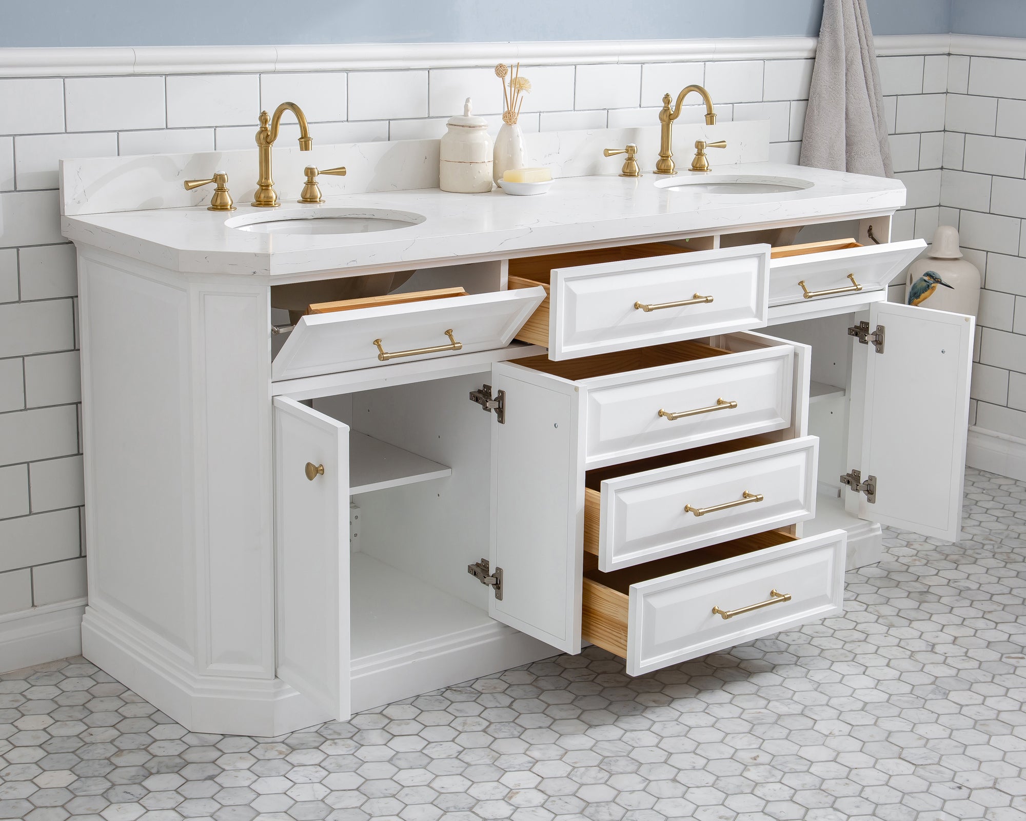 Water Creation | 72" Palace Collection Quartz Carrara Pure White Bathroom Vanity Set With Hardware And F2-0012 Faucets in Satin Gold Finish And Only Mirrors in Chrome Finish | PA72QZ06PW-000TL1206