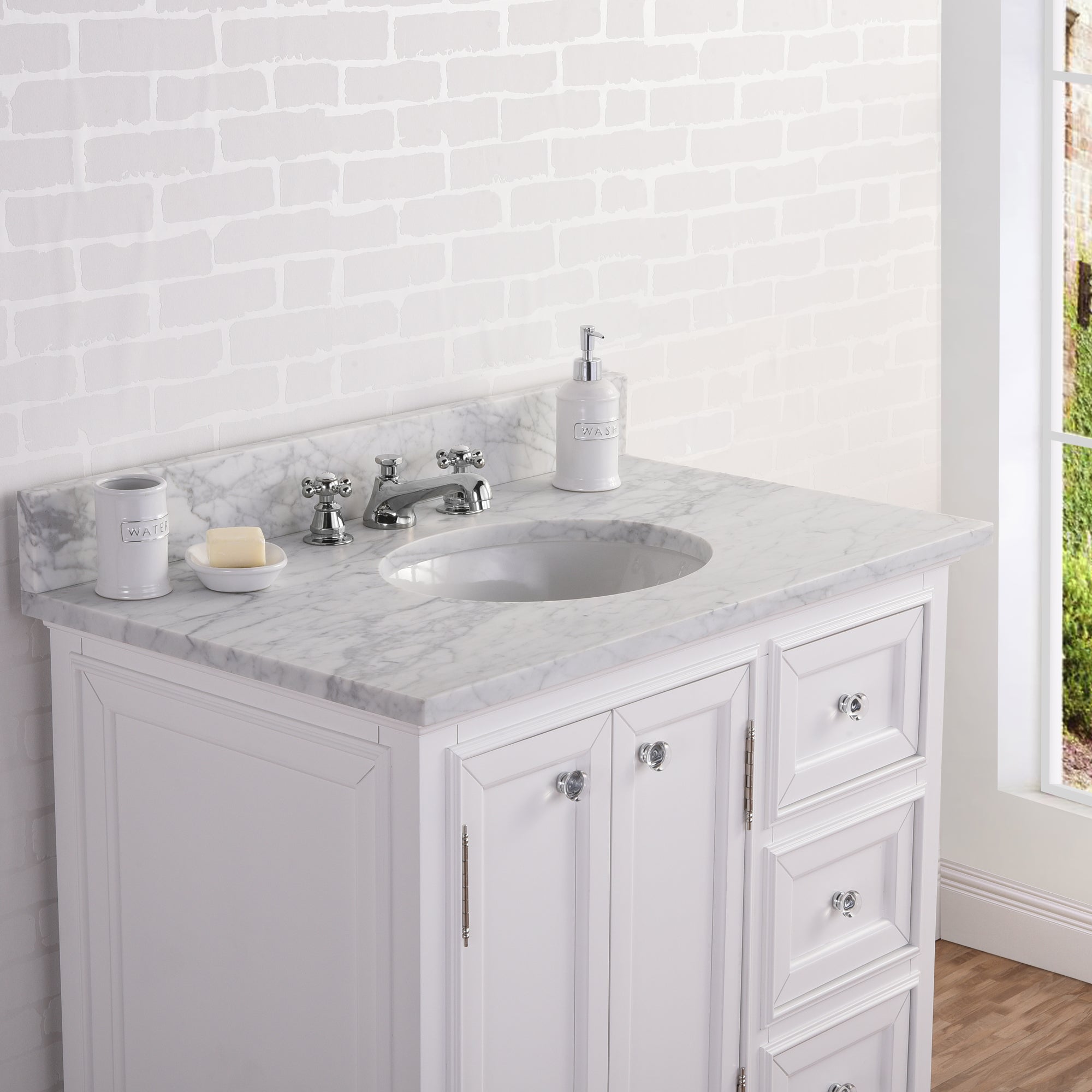 Water Creation | 36 Inch Wide Pure White Single Sink Carrara Marble Bathroom Vanity With Faucets From The Derby Collection | DE36CW01PW-000BX0901