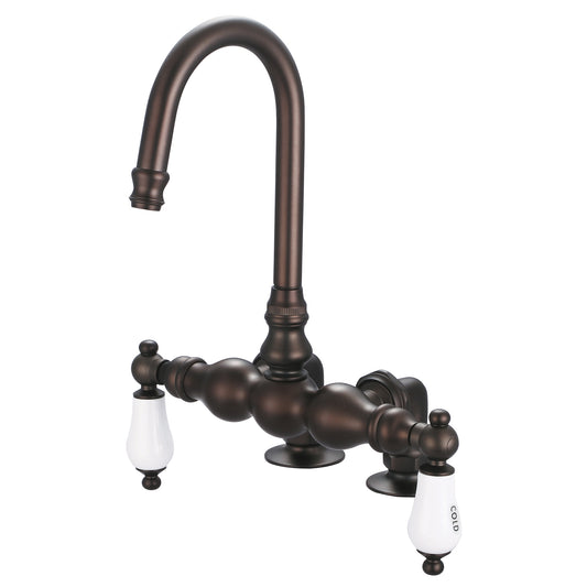 Water Creation | Vintage Classic 3.375 Inch Center Deck Mount Tub Faucet With Gooseneck Spout & 2 Inch Risers in Oil-rubbed Bronze Finish Finish With Porcelain Lever Handles, Hot And Cold Labels Included | F6-0016-03-CL
