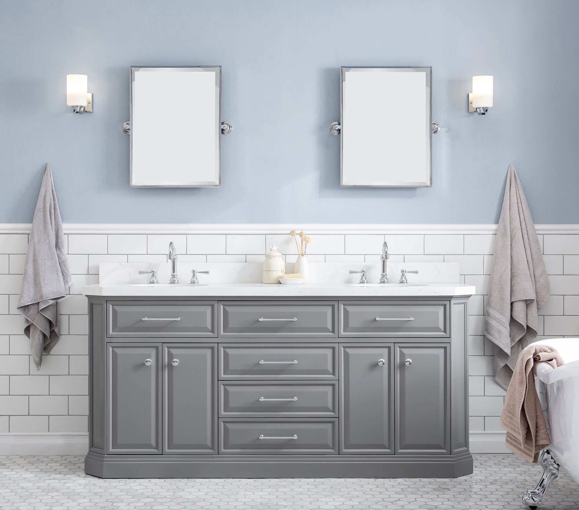 Water Creation | 72" Palace Collection Quartz Carrara Cashmere Grey Bathroom Vanity Set With Hardware And F2-0012 Faucets in Chrome Finish | PA72QZ01CG-000TL1201