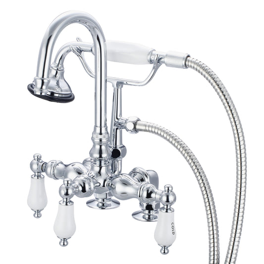 Water Creation | Vintage Classic 3.375 Inch Center Deck Mount Tub Faucet With Gooseneck Spout, 2 Inch Risers & Handheld Shower in Chrome Finish With Porcelain Lever Handles, Hot And Cold Labels Included | F6-0013-01-CL