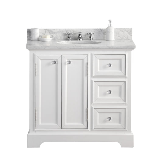 Water Creation | 36 Inch Wide Pure White Single Sink Carrara Marble Bathroom Vanity With Faucets From The Derby Collection | DE36CW01PW-000BX0901