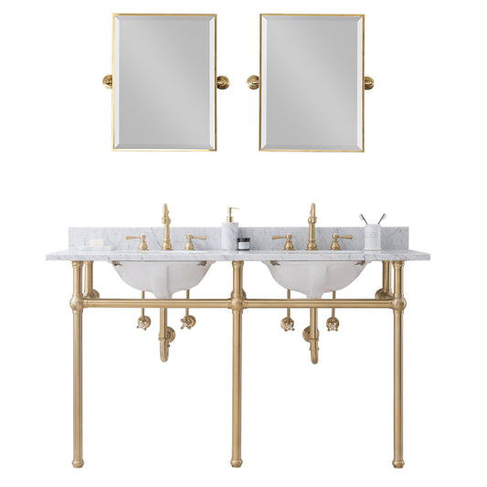 Water Creation | Embassy 60 Inch Wide Double Wash Stand, P-Trap, Counter Top with Basin, F2-0012 Faucet and Mirror included in Satin Gold Finish | EB60E-0612