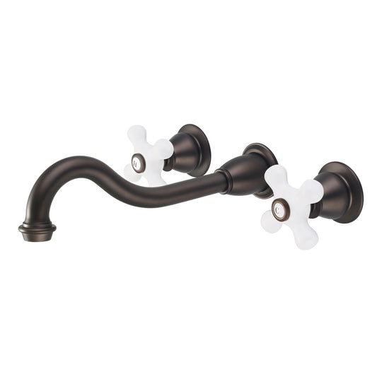 Water Creation | Elegant Spout Wall Mount Vessel/Lavatory Faucets in Oil-rubbed Bronze Finish Finish With Porcelain Cross Handles, Hot And Cold Labels Included | F4-0001-03-PX