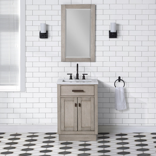 Water Creation | Chestnut 24 In. Single Sink Carrara White Marble Countertop Vanity In Grey Oak with Grooseneck Faucet and Mirror | CH24CW03GK-R21BL1403