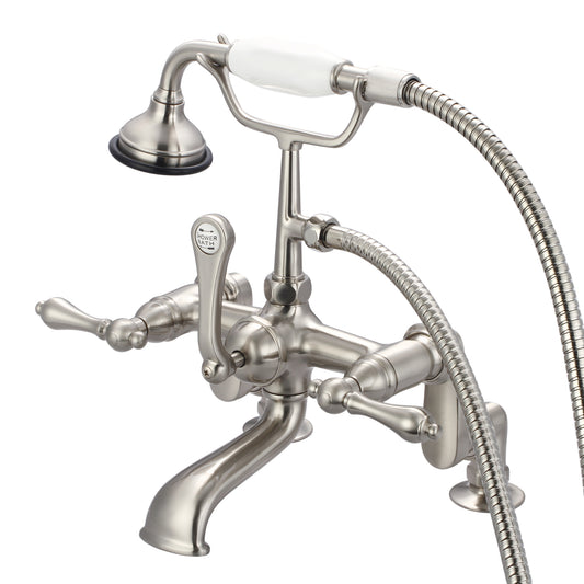 Water Creation | Vintage Classic Adjustable Center Deck Mount Tub Faucet With Handheld Shower in Brushed Nickel Finish With Metal Lever Handles Without Labels | F6-0008-02-AL