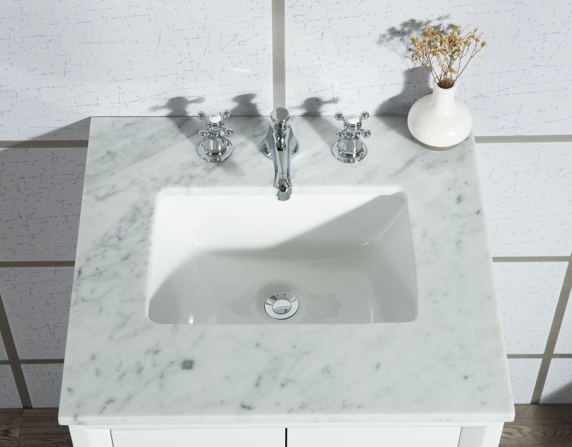 Water Creation | Elizabeth 24-Inch Single Sink Carrara White Marble Vanity In Pure White With Matching Mirror(s) and F2-0009-01-BX Lavatory Faucet(s) | EL24CW01PW-R21BX0901