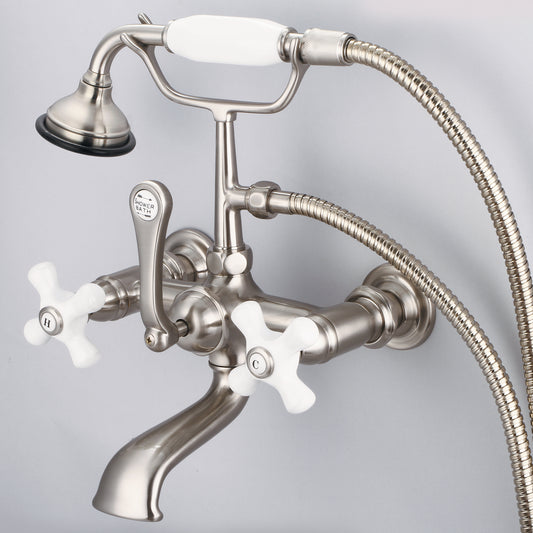 Water Creation | Vintage Classic 7 Inch Spread Wall Mount Tub Faucet With Straight Wall Connector & Handheld Shower in Brushed Nickel Finish With Porcelain Cross Handles, Hot And Cold Labels Included | F6-0010-02-PX