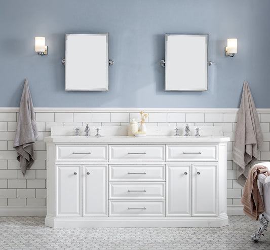 Water Creation | 72" Palace Collection Quartz Carrara Pure White Bathroom Vanity Set With Hardware And F2-0013 Faucets, Mirror in Chrome Finish | PA72QZ01PW-E18FX1301