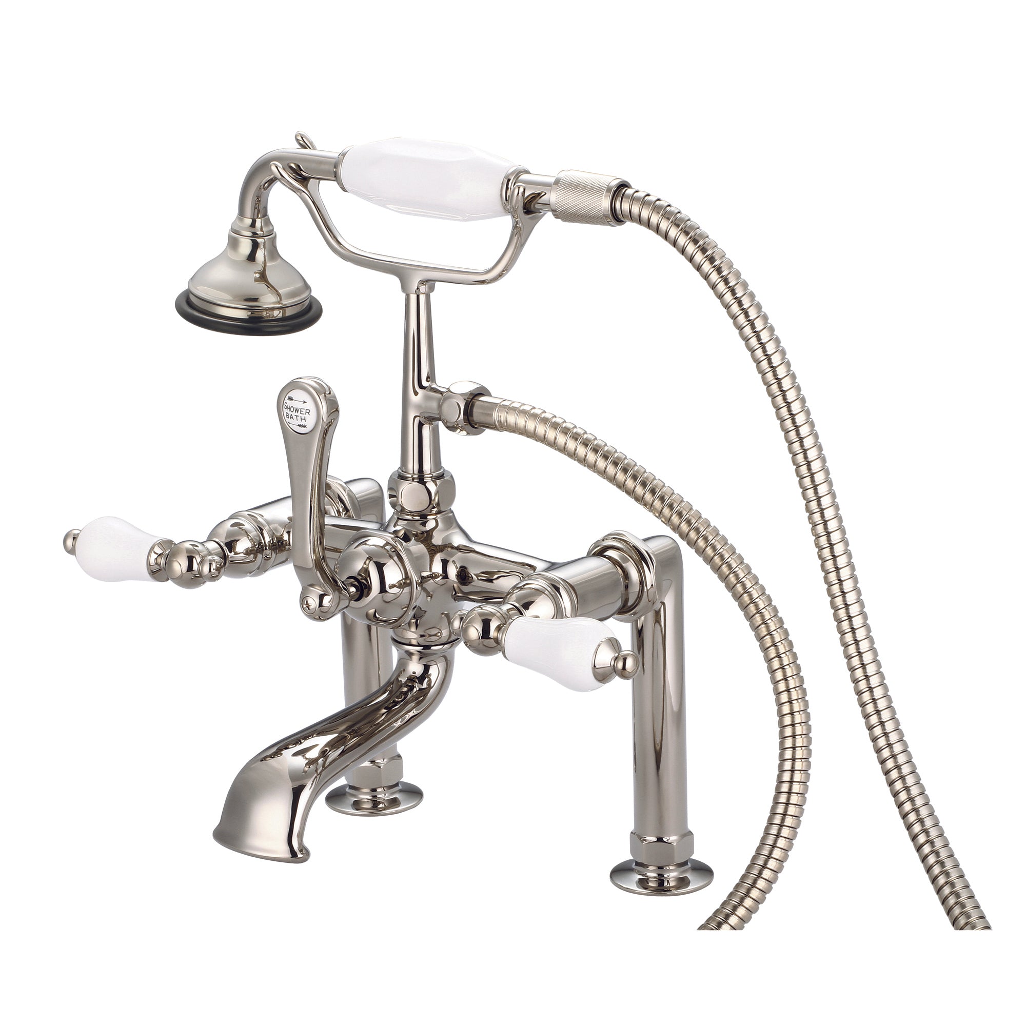 Water Creation | Vintage Classic 7 Inch Spread Deck Mount Tub Faucet With 6 Inch Risers & Handheld Shower in Polished Nickel (PVD) Finish With Porcelain Lever Handles Without labels | F6-0006-05-PL