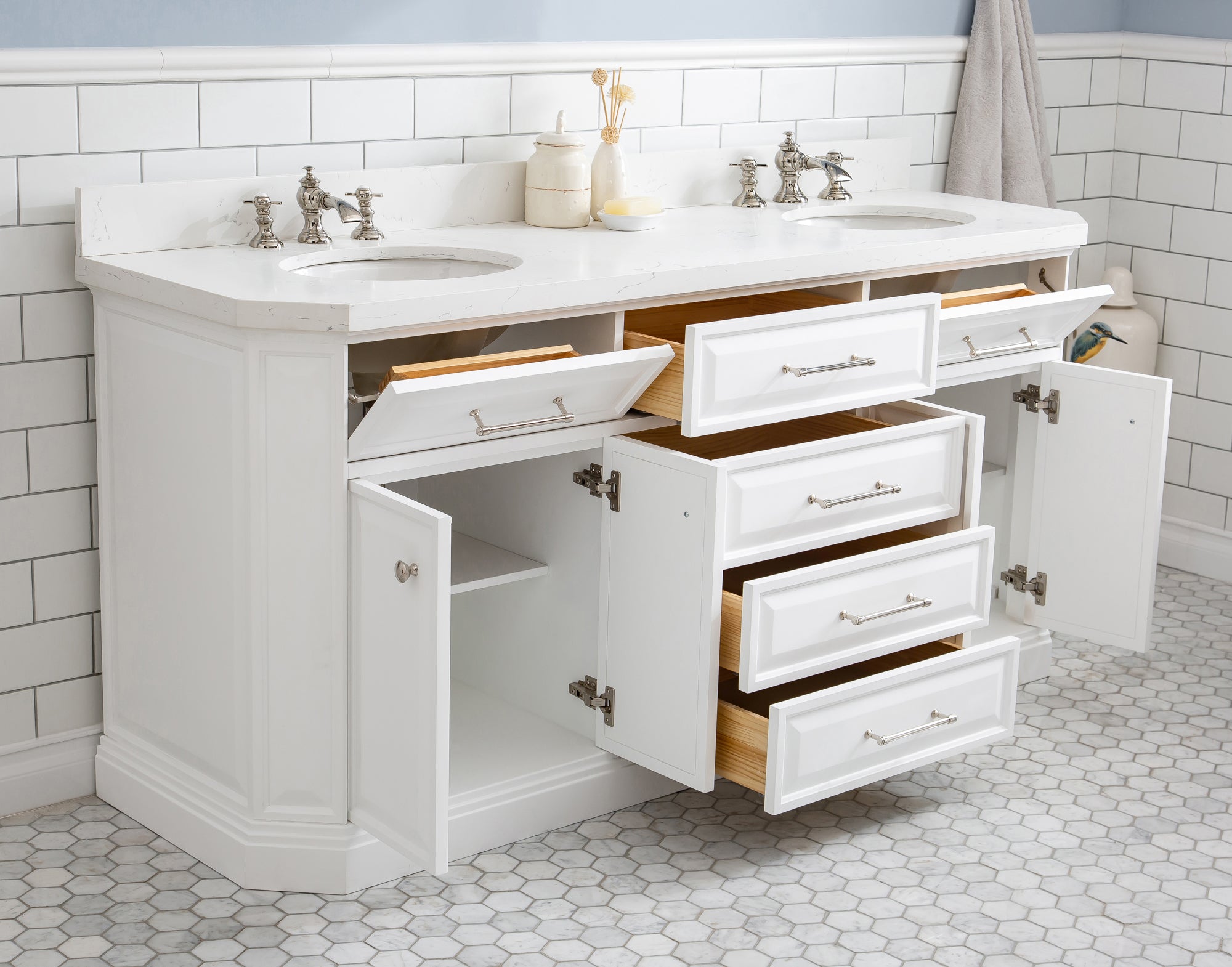 Water Creation | 72" Palace Collection Quartz Carrara Pure White Bathroom Vanity Set With Hardware And F2-0013 Faucets in Polished Nickel (PVD) Finish | PA72QZ05PW-000FX1305