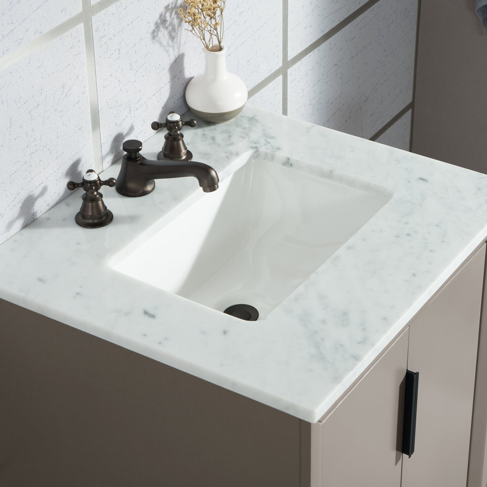 Water Creation | Elizabeth 24-Inch Single Sink Carrara White Marble Vanity In Cashmere Grey  With F2-0009-03-BX Lavatory Faucet(s) | EL24CW03CG-000BX0903