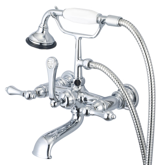 Water Creation | Vintage Classic 7 Inch Spread Wall Mount Tub Faucet With Straight Wall Connector & Handheld Shower in Chrome Finish With Metal Lever Handles Without Labels | F6-0010-01-AL