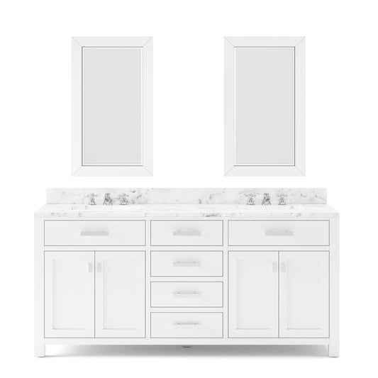 Water Creation | 72 Inch Pure White Double Sink Bathroom Vanity With 2 Matching Framed Mirrors And Faucets From The Madison Collection | MS72CW01PW-R24BX0901