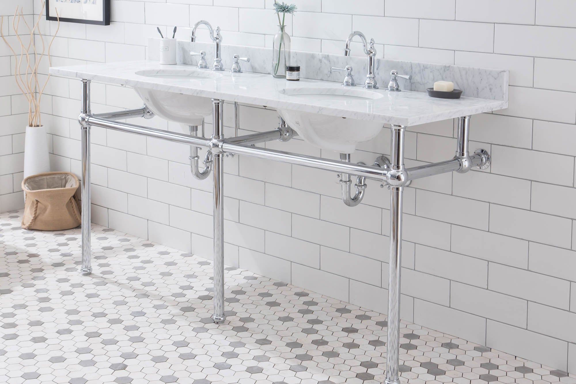 Water Creation | Embassy 72 Inch Wide Double Wash Stand, P-Trap, Counter Top with Basin, and F2-0012 Faucet included in Chrome Finish | EB72D-0112