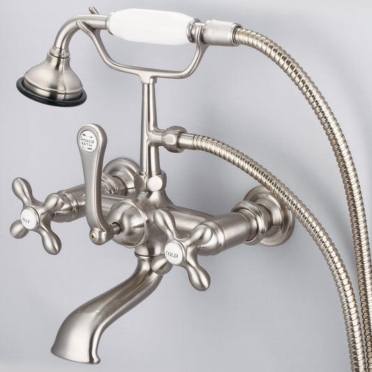 Water Creation | Vintage Classic 7 Inch Spread Wall Mount Tub Faucet With Straight Wall Connector & Handheld Shower in Brushed Nickel Finish With Metal Lever Handles, Hot And Cold Labels Included | F6-0010-02-AX