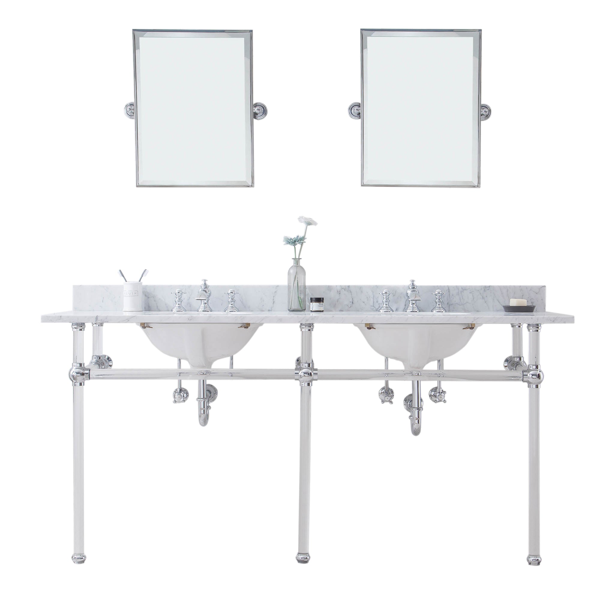 Water Creation | Empire 72 Inch Wide Double Wash Stand, P-Trap, Counter Top with Basin, F2-0013 Faucet and Mirror included in Chrome Finish | EP72E-0113