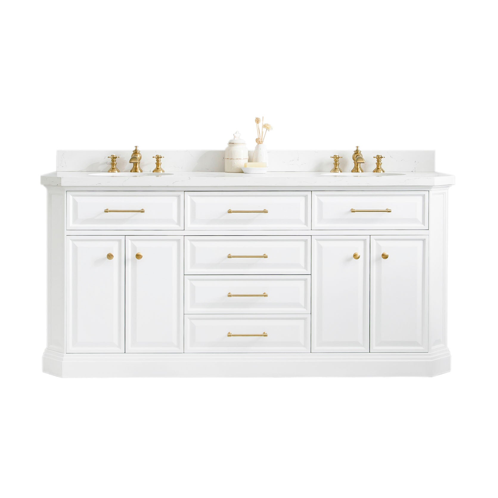 Water Creation | 72" Palace Collection Quartz Carrara Pure White Bathroom Vanity Set With Hardware in Satin Gold Finish And Only Mirrors in Chrome Finish | PA72QZ06PW-000000000