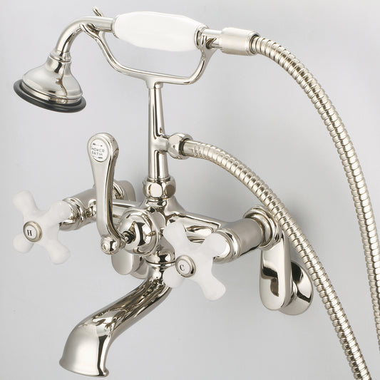 Water Creation | Vintage Classic Adjustable Center Wall Mount Tub Faucet With Swivel Wall Connector & Handheld Shower in Polished Nickel (PVD) Finish With Porcelain Cross Handles, Hot And Cold Labels Included | F6-0009-05-PX