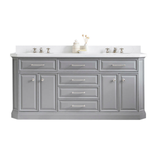 Water Creation | 72" Palace Collection Quartz Carrara Cashmere Grey Bathroom Vanity Set With Hardware in Polished Nickel (PVD) Finish | PA72QZ05CG-000000000