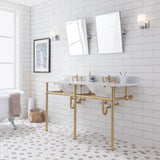 Water Creation | Embassy 60 Inch Wide Double Wash Stand, P-Trap, Counter Top with Basin, F2-0013 Faucet and Mirror included in Satin Gold Finish | EB60E-0613