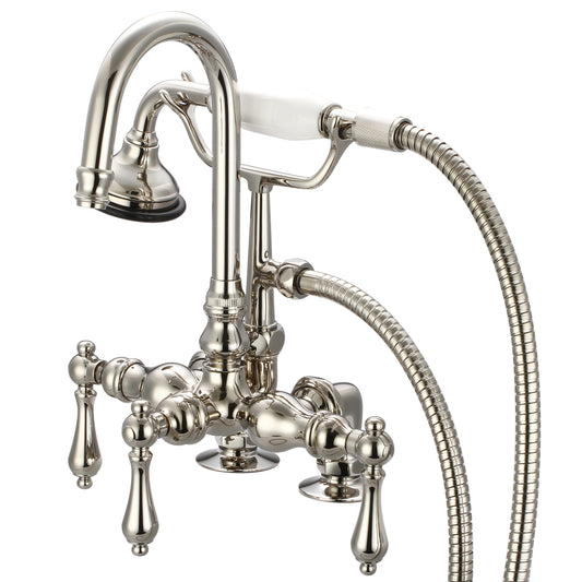Water Creation | Vintage Classic 3.375 Inch Center Deck Mount Tub Faucet With Gooseneck Spout, 2 Inch Risers & Handheld Shower in Polished Nickel (PVD) Finish With Metal Lever Handles Without Labels | F6-0013-05-AL