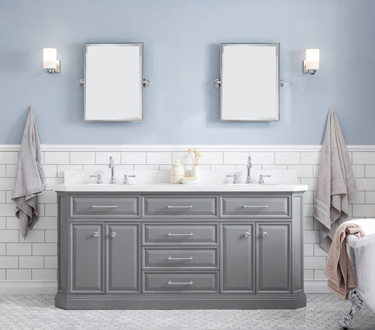 Water Creation | 72" Palace Collection Quartz Carrara Cashmere Grey Bathroom Vanity Set With Hardware And F2-0012 Faucets, Mirror in Chrome Finish | PA72QZ01CG-E18TL1201