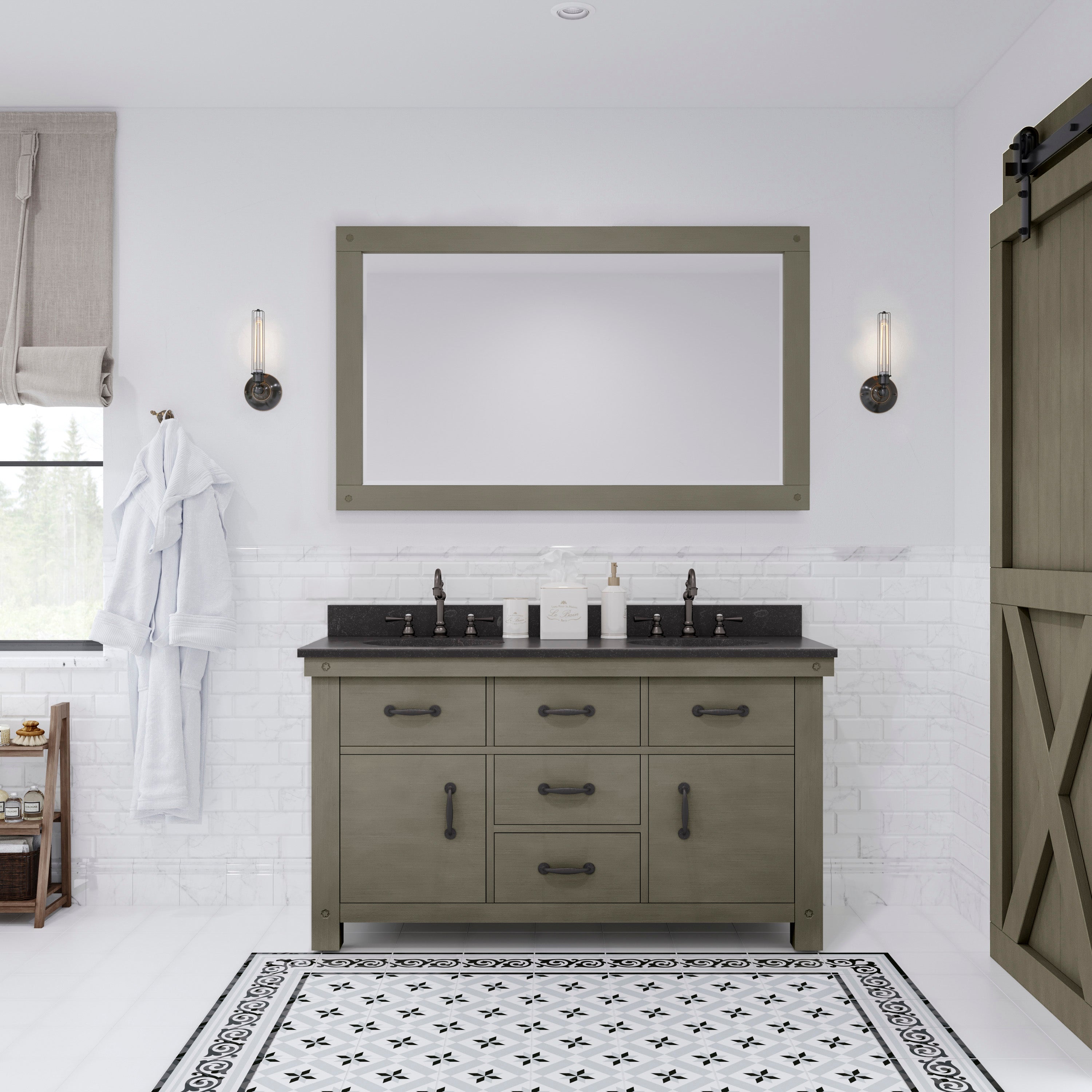 Water Creation | 60 Inch Grizzle Grey Double Sink Bathroom Vanity With Mirror And Faucets With Blue Limestone Counter Top From The ABERDEEN Collection | AB60BL03GG-A60BX1203